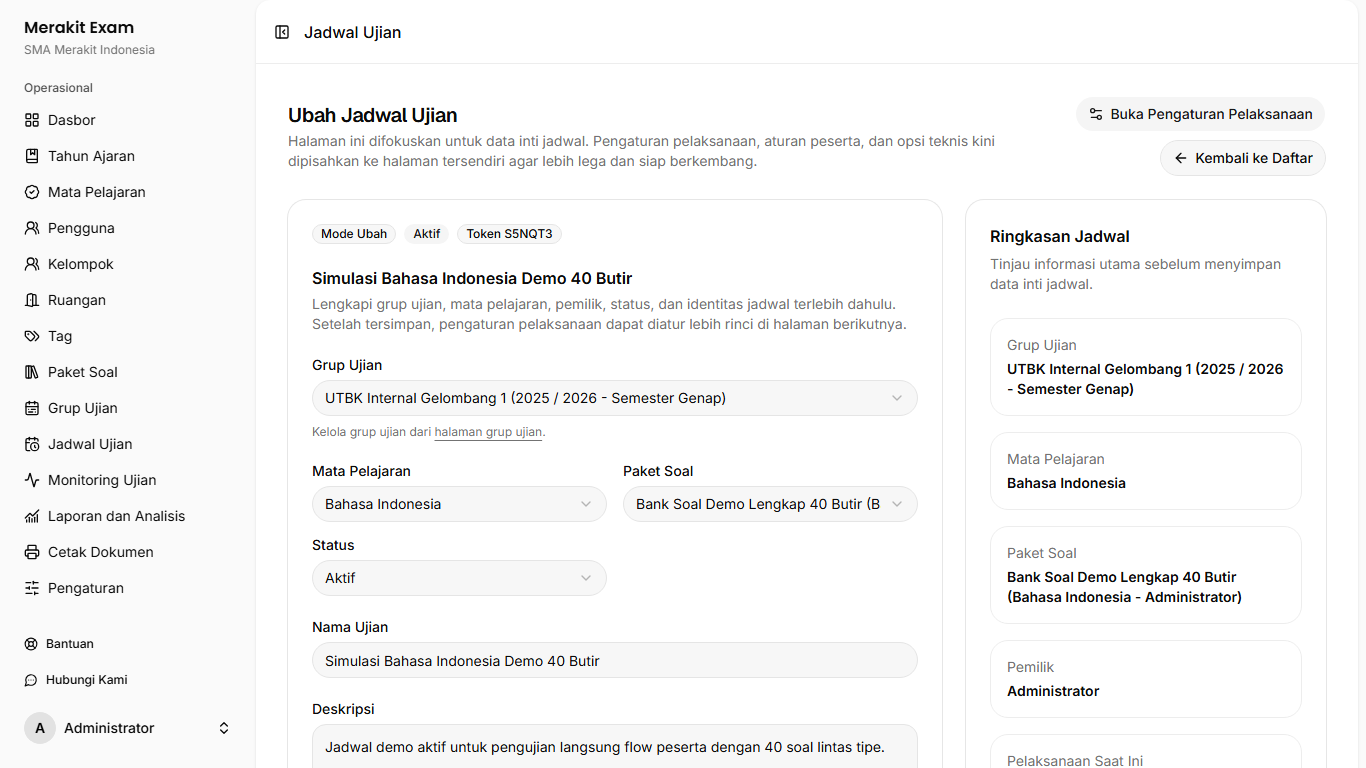 Form data inti jadwal ujian Merakit Exam untuk memilih grup, mata pelajaran, bank soal, status, dan pemilik