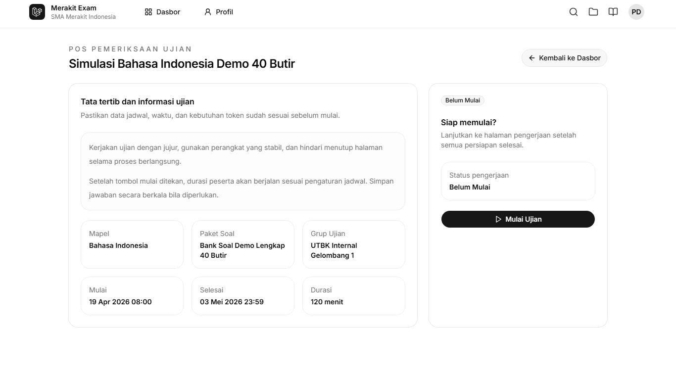 Halaman checkpoint Merakit Exam yang menampilkan informasi kesiapan peserta sebelum mulai ujian