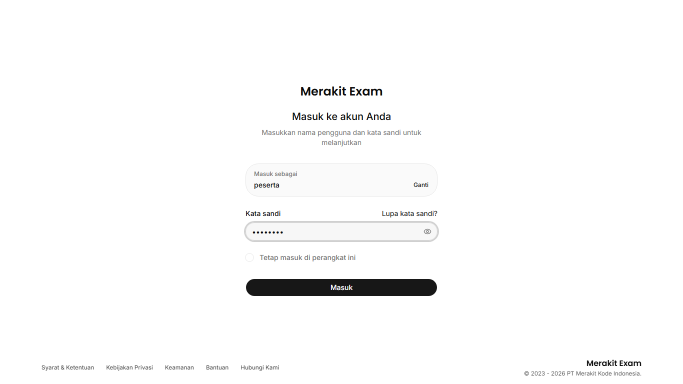 Langkah login peserta Merakit Exam sebelum masuk ke dashboard ujian