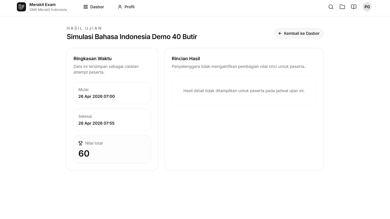 Halaman hasil ujian peserta Merakit Exam setelah pengerjaan selesai