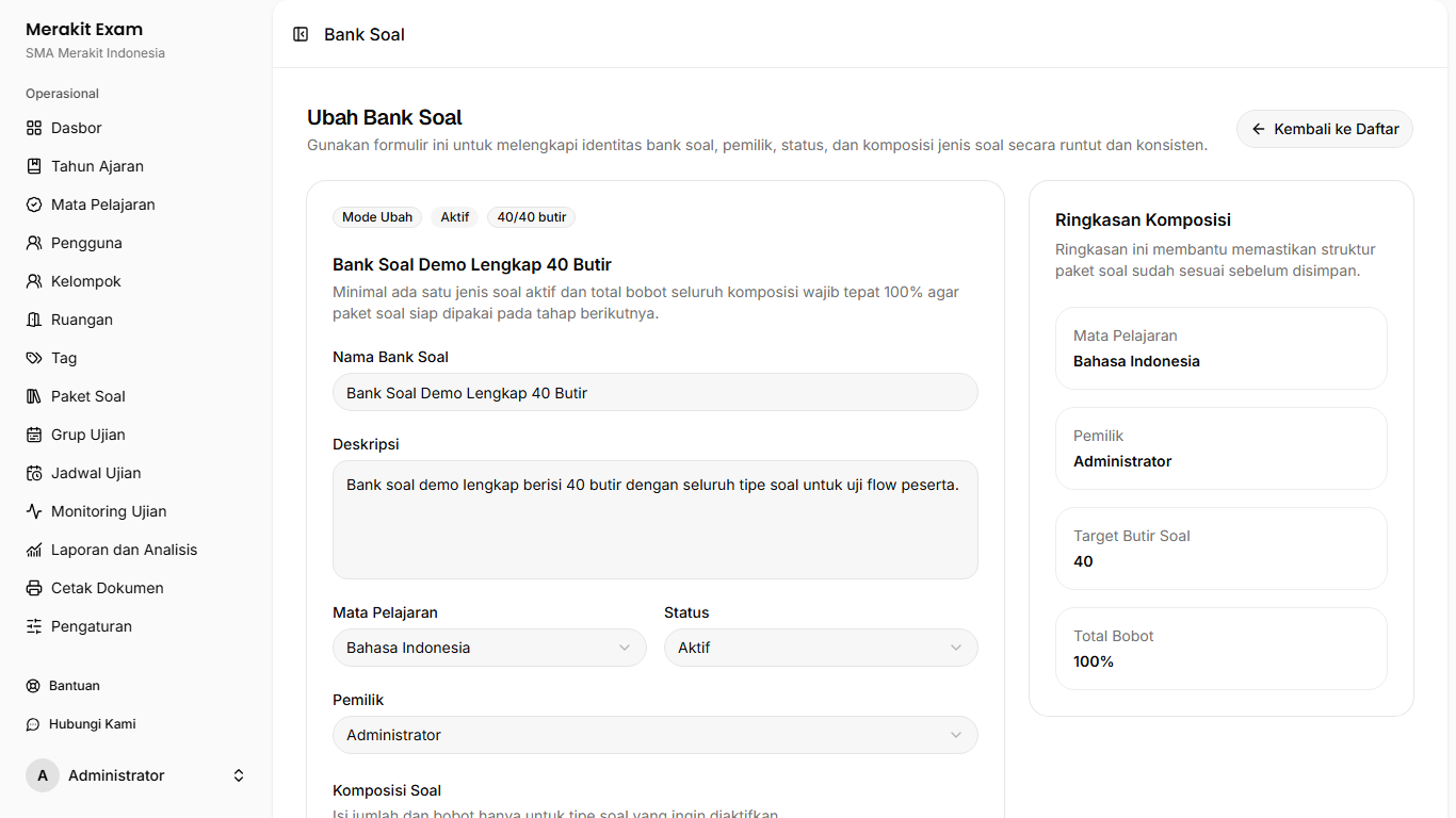 Form bank soal Merakit Exam untuk mengatur identitas paket, pemilik, status, dan komposisi soal